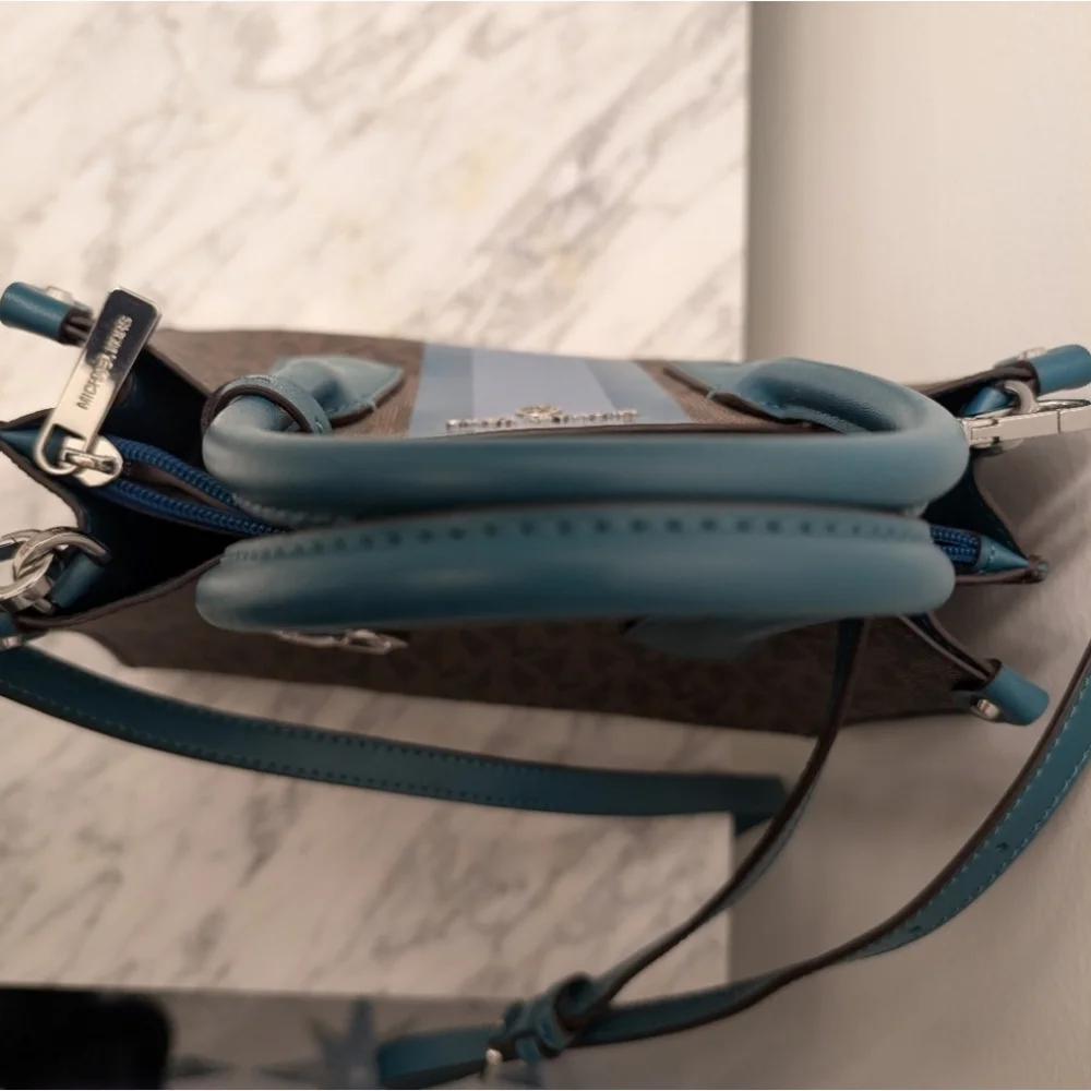 Michael Kors Brown Satchel with Teal and Light Blue Trim